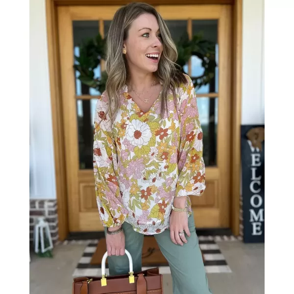 imageBTFBM Women Casual Boho Floral Blouse Shirts V Neck Long Puff Sleeve Lightweight Chiffon Spring Summer Fashion 2023 TopsFloral Yellow