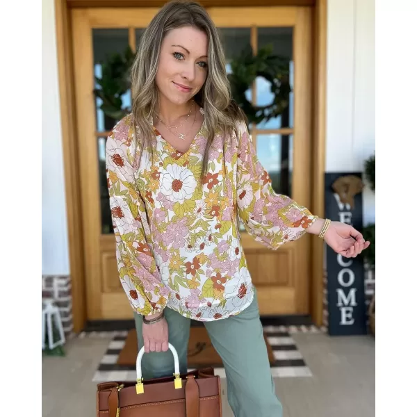 imageBTFBM Women Casual Boho Floral Blouse Shirts V Neck Long Puff Sleeve Lightweight Chiffon Spring Summer Fashion 2023 TopsFloral Yellow