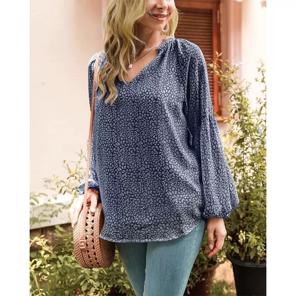 imageBTFBM Women Casual Boho Floral Blouse Shirts V Neck Long Puff Sleeve Lightweight Chiffon Spring Summer Fashion 2023 TopsLeopard Dark Blue