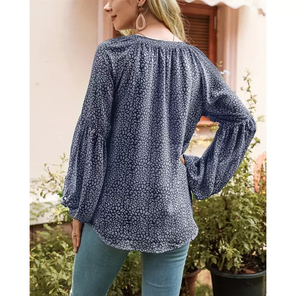 imageBTFBM Women Casual Boho Floral Blouse Shirts V Neck Long Puff Sleeve Lightweight Chiffon Spring Summer Fashion 2023 TopsLeopard Dark Blue