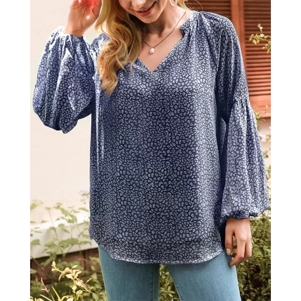 imageBTFBM Women Casual Boho Floral Blouse Shirts V Neck Long Puff Sleeve Lightweight Chiffon Spring Summer Fashion 2023 TopsLeopard Dark Blue