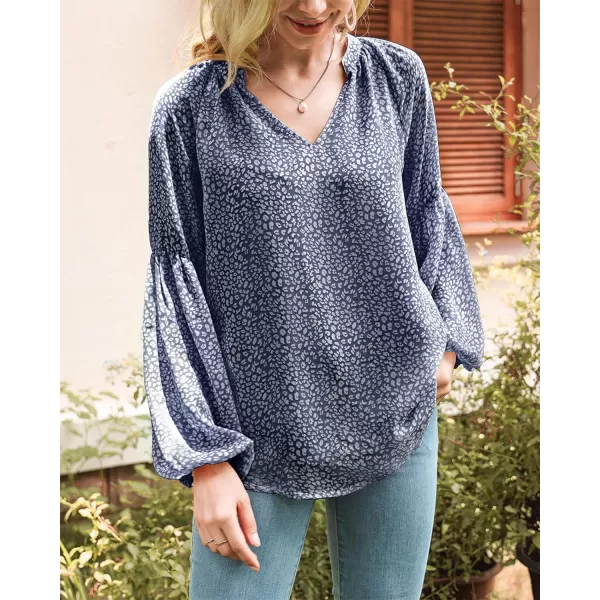 imageBTFBM Women Casual Boho Floral Blouse Shirts V Neck Long Puff Sleeve Lightweight Chiffon Spring Summer Fashion 2023 TopsLeopard Dark Blue