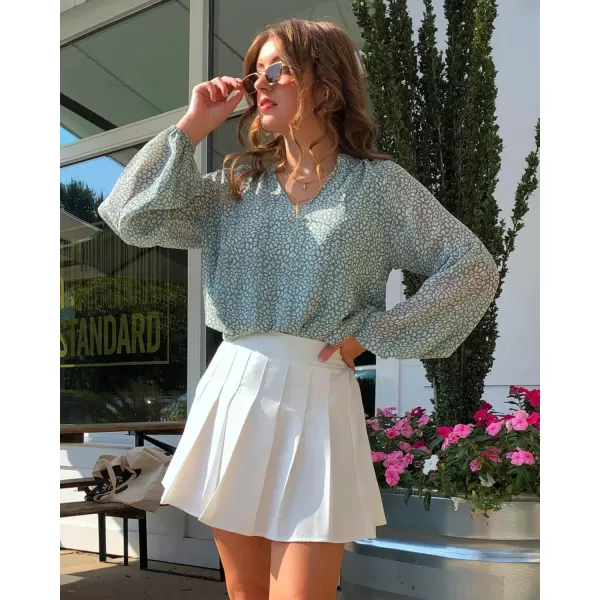 imageBTFBM Women Casual Boho Floral Blouse Shirts V Neck Long Puff Sleeve Lightweight Chiffon Spring Summer Fashion 2023 TopsLeopard Green