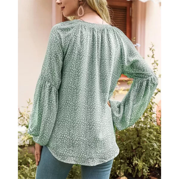 imageBTFBM Women Casual Boho Floral Blouse Shirts V Neck Long Puff Sleeve Lightweight Chiffon Spring Summer Fashion 2023 TopsLeopard Green
