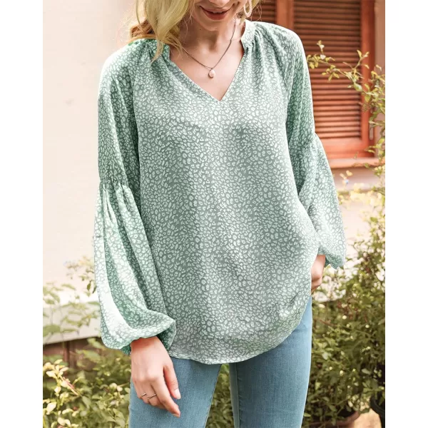 imageBTFBM Women Casual Boho Floral Blouse Shirts V Neck Long Puff Sleeve Lightweight Chiffon Spring Summer Fashion 2023 TopsLeopard Green