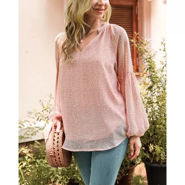 imageBTFBM Women Casual Boho Floral Blouse Shirts V Neck Long Puff Sleeve Lightweight Chiffon Spring Summer Fashion 2023 TopsLeopard Pink