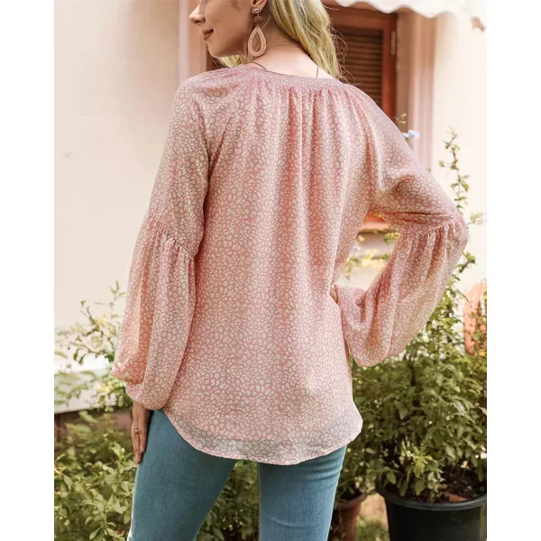 imageBTFBM Women Casual Boho Floral Blouse Shirts V Neck Long Puff Sleeve Lightweight Chiffon Spring Summer Fashion 2023 TopsLeopard Pink