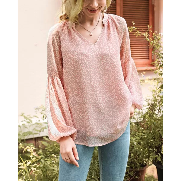 imageBTFBM Women Casual Boho Floral Blouse Shirts V Neck Long Puff Sleeve Lightweight Chiffon Spring Summer Fashion 2023 TopsLeopard Pink
