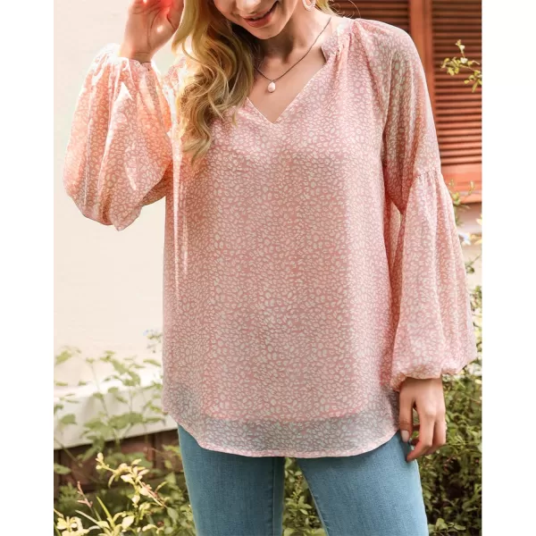 imageBTFBM Women Casual Boho Floral Blouse Shirts V Neck Long Puff Sleeve Lightweight Chiffon Spring Summer Fashion 2023 TopsLeopard Pink