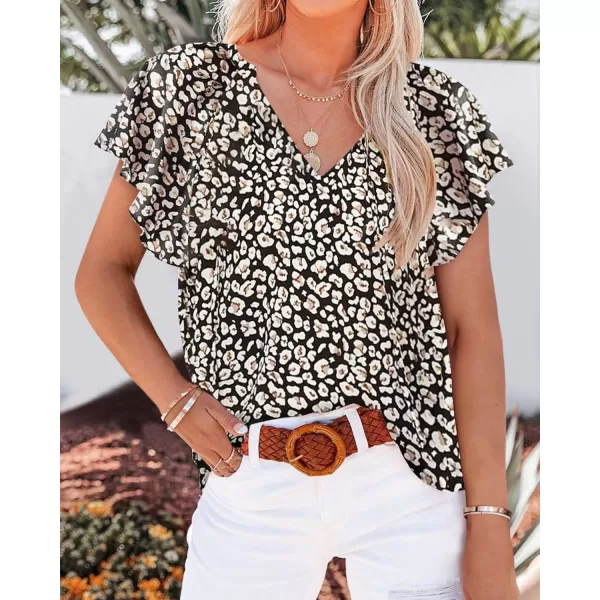 imageBTFBM Women Casual Boho Floral Blouse Shirts V Neck Long Puff Sleeve Lightweight Chiffon Spring Summer Fashion 2023 TopsShort Floral Black