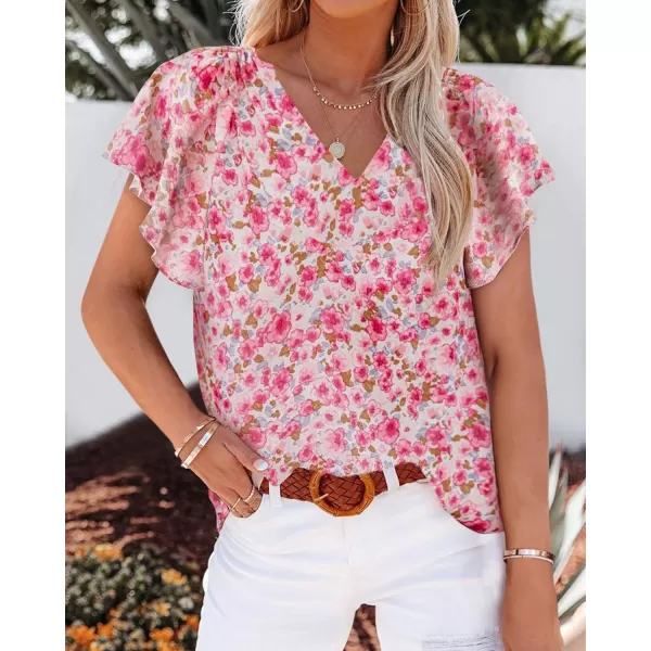 imageBTFBM Women Casual Boho Floral Blouse Shirts V Neck Long Puff Sleeve Lightweight Chiffon Spring Summer Fashion 2023 TopsShort Floral Red
