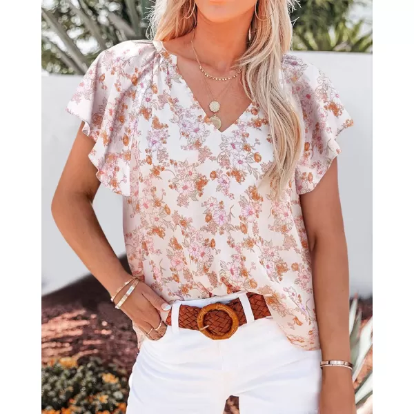 imageBTFBM Women Casual Boho Floral Blouse Shirts V Neck Long Puff Sleeve Lightweight Chiffon Spring Summer Fashion 2023 TopsShort Floral White