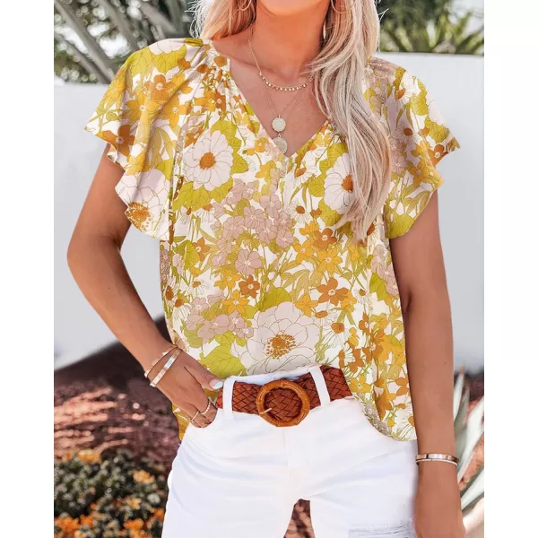imageBTFBM Women Casual Boho Floral Blouse Shirts V Neck Long Puff Sleeve Lightweight Chiffon Spring Summer Fashion 2023 TopsShort Floral Yellow