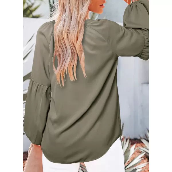 imageBTFBM Women Casual Boho Floral Blouse Shirts V Neck Long Puff Sleeve Lightweight Chiffon Spring Summer Fashion 2023 TopsSolid Army Green