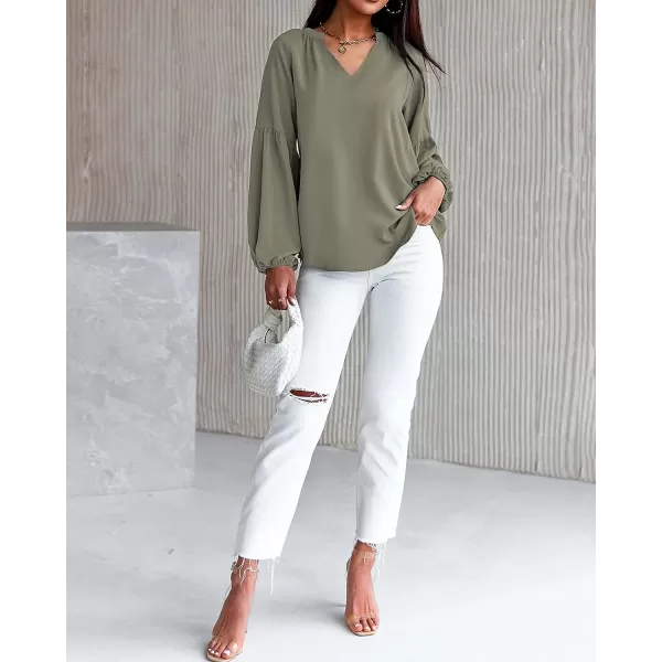 imageBTFBM Women Casual Boho Floral Blouse Shirts V Neck Long Puff Sleeve Lightweight Chiffon Spring Summer Fashion 2023 TopsSolid Army Green