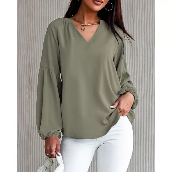 imageBTFBM Women Casual Boho Floral Blouse Shirts V Neck Long Puff Sleeve Lightweight Chiffon Spring Summer Fashion 2023 TopsSolid Army Green