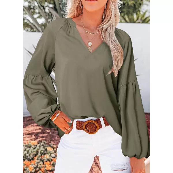 imageBTFBM Women Casual Boho Floral Blouse Shirts V Neck Long Puff Sleeve Lightweight Chiffon Spring Summer Fashion 2023 TopsSolid Army Green