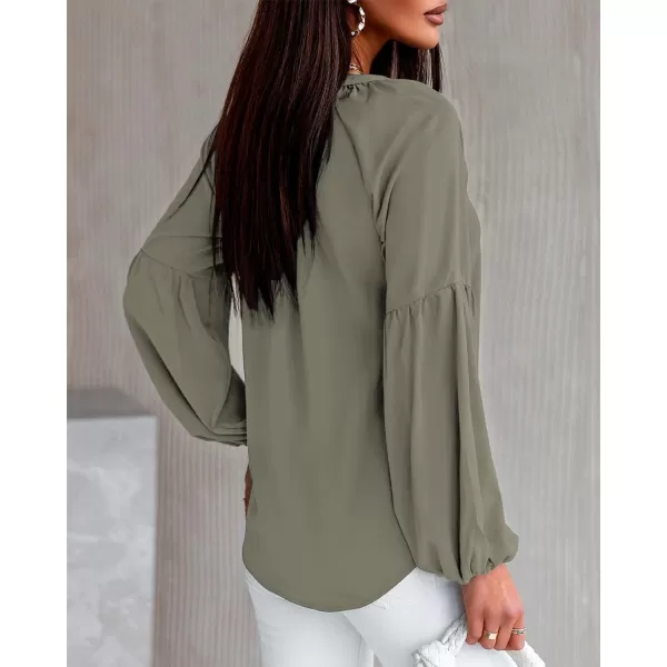 imageBTFBM Women Casual Boho Floral Blouse Shirts V Neck Long Puff Sleeve Lightweight Chiffon Spring Summer Fashion 2023 TopsSolid Army Green