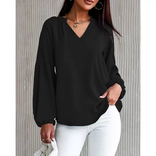 imageBTFBM Women Casual Boho Floral Blouse Shirts V Neck Long Puff Sleeve Lightweight Chiffon Spring Summer Fashion 2023 TopsSolid Black