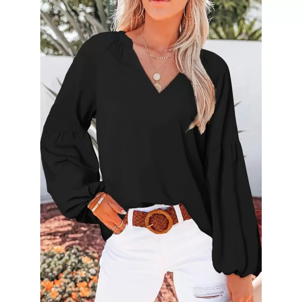 imageBTFBM Women Casual Boho Floral Blouse Shirts V Neck Long Puff Sleeve Lightweight Chiffon Spring Summer Fashion 2023 TopsSolid Black