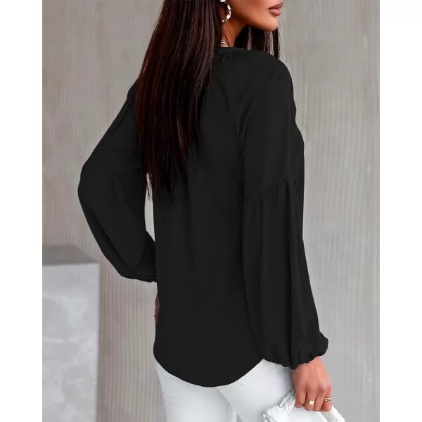 imageBTFBM Women Casual Boho Floral Blouse Shirts V Neck Long Puff Sleeve Lightweight Chiffon Spring Summer Fashion 2023 TopsSolid Black