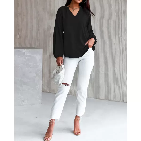imageBTFBM Women Casual Boho Floral Blouse Shirts V Neck Long Puff Sleeve Lightweight Chiffon Spring Summer Fashion 2023 TopsSolid Black