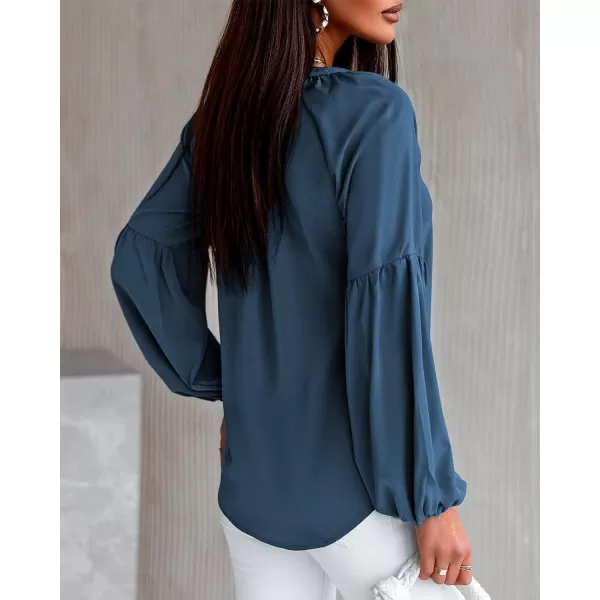 imageBTFBM Women Casual Boho Floral Blouse Shirts V Neck Long Puff Sleeve Lightweight Chiffon Spring Summer Fashion 2023 TopsSolid Blue