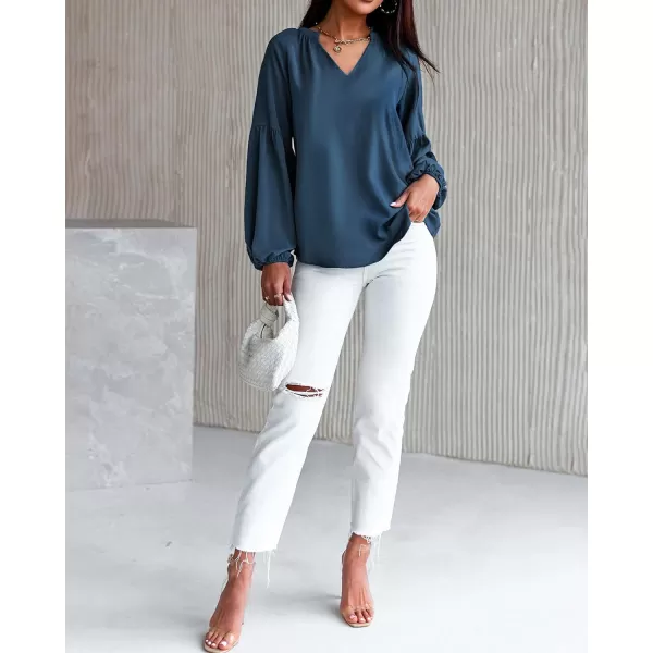 imageBTFBM Women Casual Boho Floral Blouse Shirts V Neck Long Puff Sleeve Lightweight Chiffon Spring Summer Fashion 2023 TopsSolid Blue