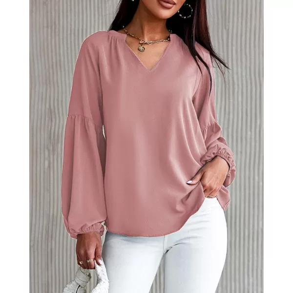imageBTFBM Women Casual Boho Floral Blouse Shirts V Neck Long Puff Sleeve Lightweight Chiffon Spring Summer Fashion 2023 TopsSolid Dark Pink