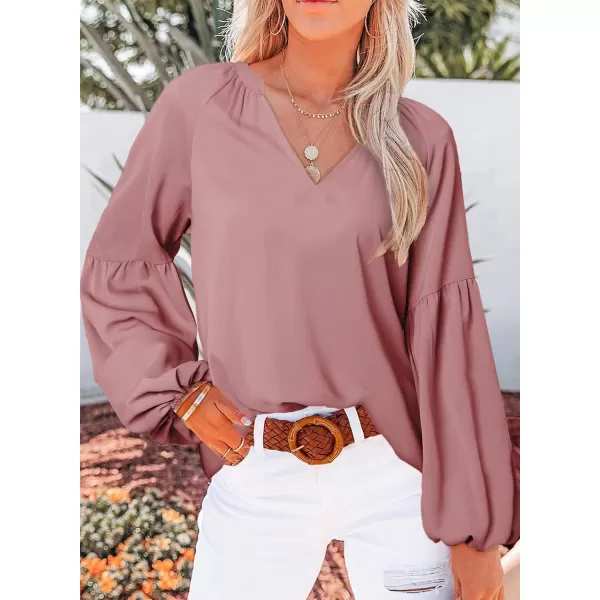 imageBTFBM Women Casual Boho Floral Blouse Shirts V Neck Long Puff Sleeve Lightweight Chiffon Spring Summer Fashion 2023 TopsSolid Dark Pink