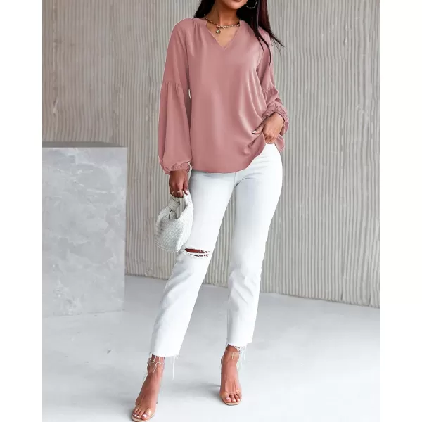imageBTFBM Women Casual Boho Floral Blouse Shirts V Neck Long Puff Sleeve Lightweight Chiffon Spring Summer Fashion 2023 TopsSolid Dark Pink