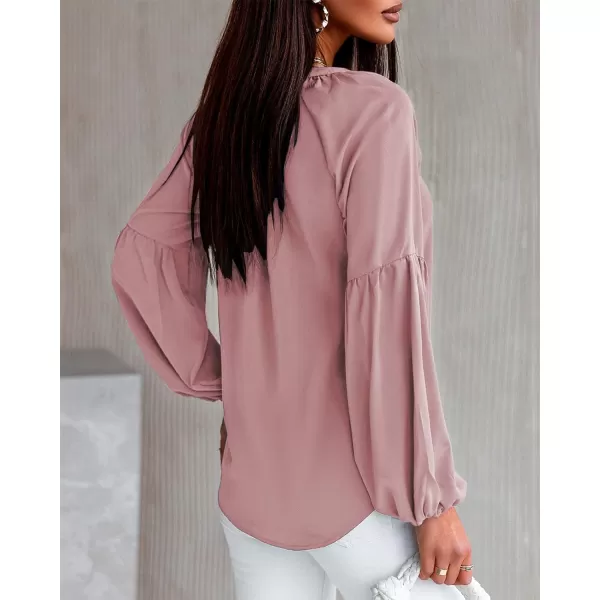 imageBTFBM Women Casual Boho Floral Blouse Shirts V Neck Long Puff Sleeve Lightweight Chiffon Spring Summer Fashion 2023 TopsSolid Dark Pink