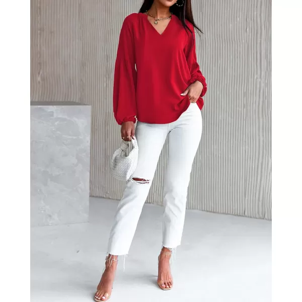 imageBTFBM Women Casual Boho Floral Blouse Shirts V Neck Long Puff Sleeve Lightweight Chiffon Spring Summer Fashion 2023 TopsSolid Red