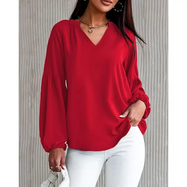 imageBTFBM Women Casual Boho Floral Blouse Shirts V Neck Long Puff Sleeve Lightweight Chiffon Spring Summer Fashion 2023 TopsSolid Red