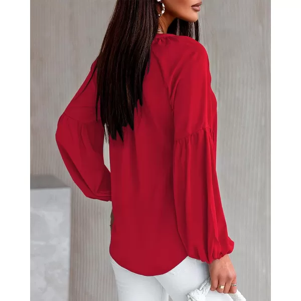 imageBTFBM Women Casual Boho Floral Blouse Shirts V Neck Long Puff Sleeve Lightweight Chiffon Spring Summer Fashion 2023 TopsSolid Red