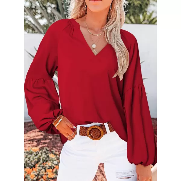 imageBTFBM Women Casual Boho Floral Blouse Shirts V Neck Long Puff Sleeve Lightweight Chiffon Spring Summer Fashion 2023 TopsSolid Red