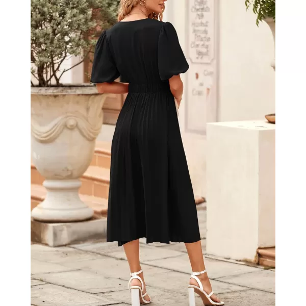 imageBTFBM Women Casual Dresses 2023 Summer Boho Wrap V Neck Puff Short Sleeve Beach Party Flowy Pleated ALine Maxi DressSolid Black