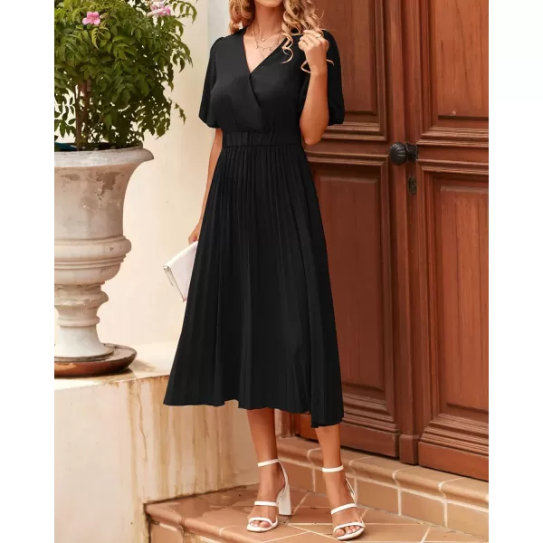 imageBTFBM Women Casual Dresses 2023 Summer Boho Wrap V Neck Puff Short Sleeve Beach Party Flowy Pleated ALine Maxi DressSolid Black