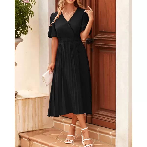 imageBTFBM Women Casual Dresses 2023 Summer Boho Wrap V Neck Puff Short Sleeve Beach Party Flowy Pleated ALine Maxi DressSolid Black