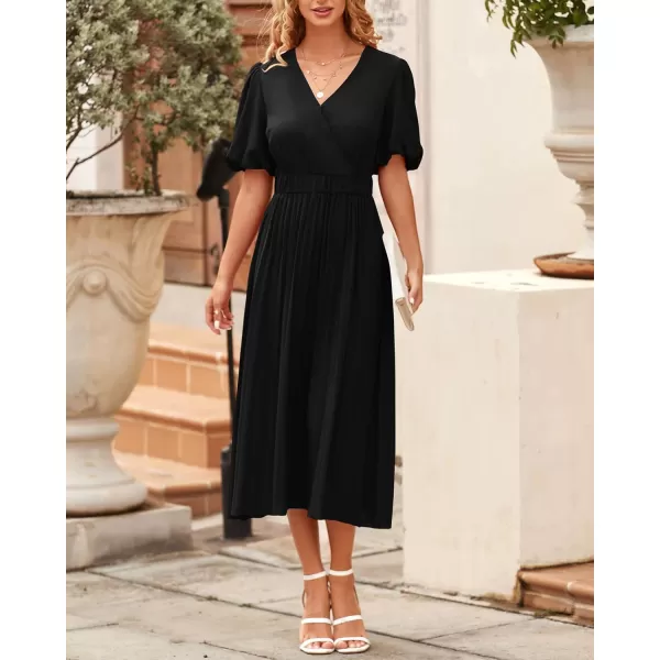 imageBTFBM Women Casual Dresses 2023 Summer Boho Wrap V Neck Puff Short Sleeve Beach Party Flowy Pleated ALine Maxi DressSolid Black