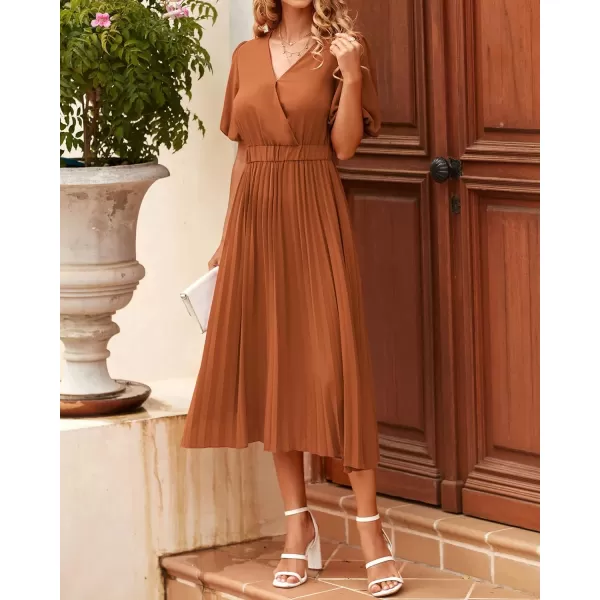 imageBTFBM Women Casual Dresses 2023 Summer Boho Wrap V Neck Puff Short Sleeve Beach Party Flowy Pleated ALine Maxi DressSolid Brick Red