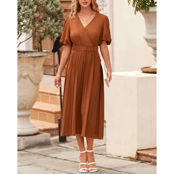 imageBTFBM Women Casual Dresses 2023 Summer Boho Wrap V Neck Puff Short Sleeve Beach Party Flowy Pleated ALine Maxi DressSolid Brick Red