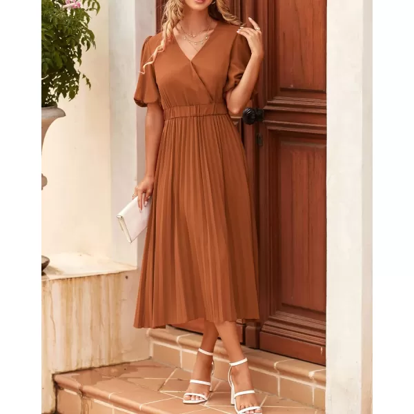 imageBTFBM Women Casual Dresses 2023 Summer Boho Wrap V Neck Puff Short Sleeve Beach Party Flowy Pleated ALine Maxi DressSolid Brick Red