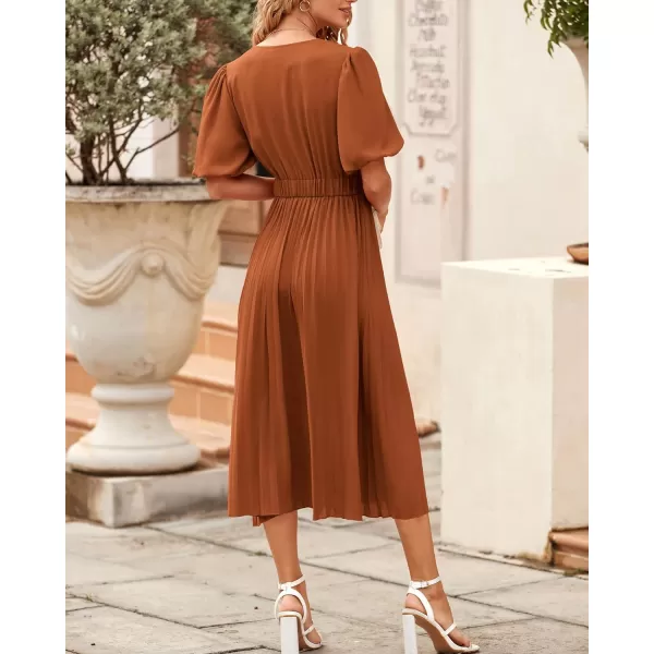 imageBTFBM Women Casual Dresses 2023 Summer Boho Wrap V Neck Puff Short Sleeve Beach Party Flowy Pleated ALine Maxi DressSolid Brick Red