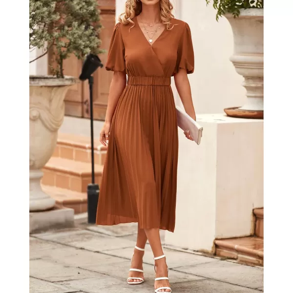 imageBTFBM Women Casual Dresses 2023 Summer Boho Wrap V Neck Puff Short Sleeve Beach Party Flowy Pleated ALine Maxi DressSolid Brick Red