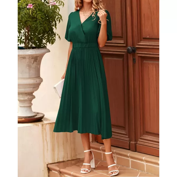 imageBTFBM Women Casual Dresses 2023 Summer Boho Wrap V Neck Puff Short Sleeve Beach Party Flowy Pleated ALine Maxi DressSolid Dark Green