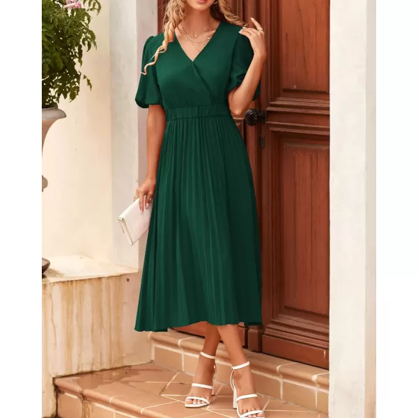 imageBTFBM Women Casual Dresses 2023 Summer Boho Wrap V Neck Puff Short Sleeve Beach Party Flowy Pleated ALine Maxi DressSolid Dark Green