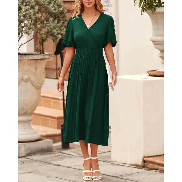 imageBTFBM Women Casual Dresses 2023 Summer Boho Wrap V Neck Puff Short Sleeve Beach Party Flowy Pleated ALine Maxi DressSolid Dark Green