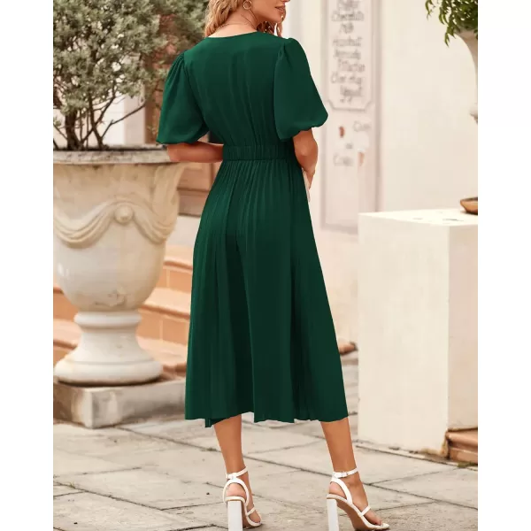 imageBTFBM Women Casual Dresses 2023 Summer Boho Wrap V Neck Puff Short Sleeve Beach Party Flowy Pleated ALine Maxi DressSolid Dark Green