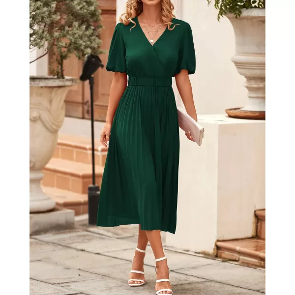 imageBTFBM Women Casual Dresses 2023 Summer Boho Wrap V Neck Puff Short Sleeve Beach Party Flowy Pleated ALine Maxi DressSolid Dark Green
